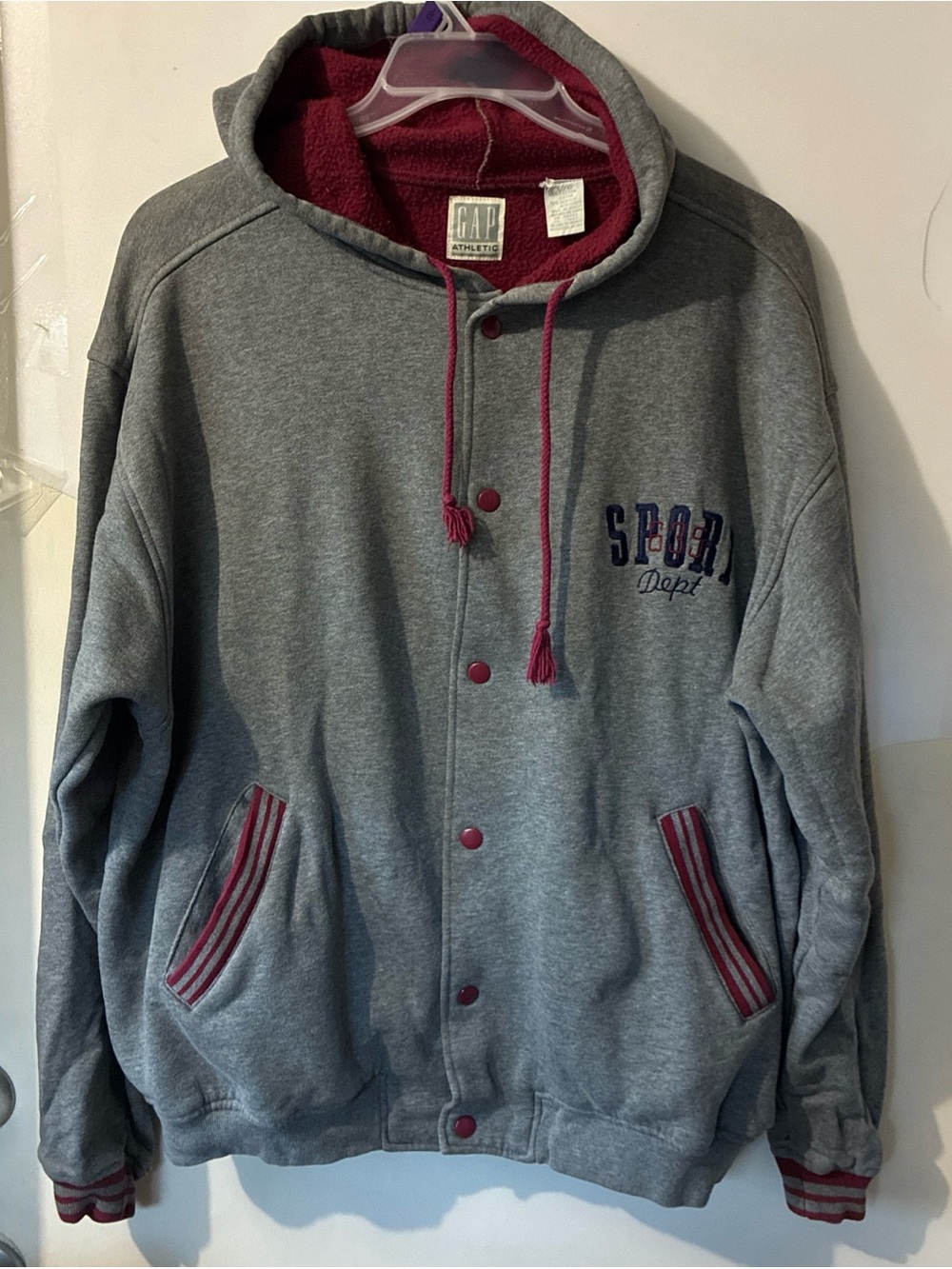Gap Athletic Men’s Gray Snap Button  90’s VNTG Varsity Sport Hoodie Fleece Sz L